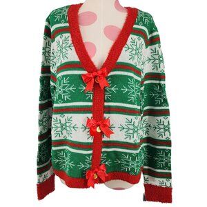NWT Allison Brittney Christmas Sweater Cardigan Large Snowflakes Bows Red Green
